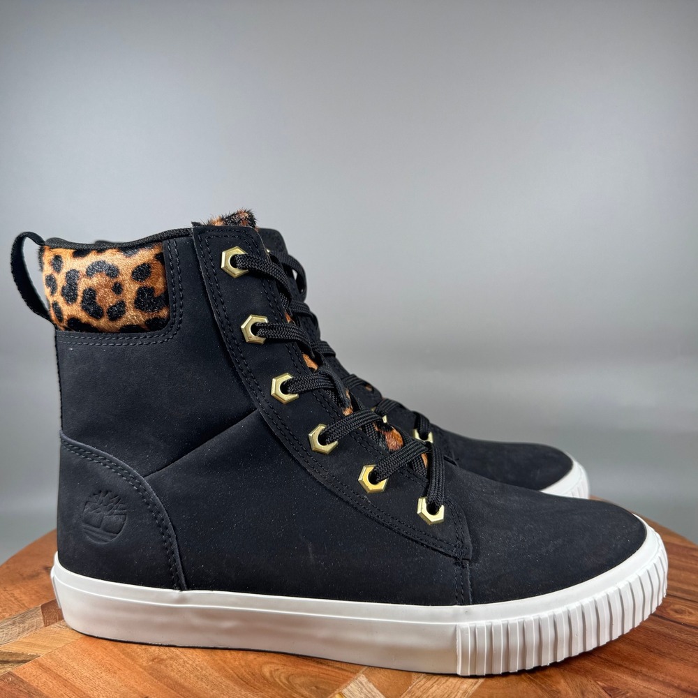 Timberland A2F1P Womens Black Leopard Print High Top Sneaker Boots Size 6.5